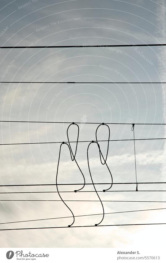 Lines in front of the sky Cable Cables Railroad lines Track railway line Sky Pattern Lines and shapes Structures and shapes Abstract Graphic