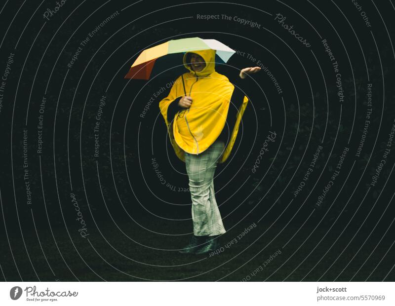 [HH Unnamed Road] standing happily and washed out in the rain Woman rain cape Human being Umbrella Bad weather Neutral background Isolated Image Protection