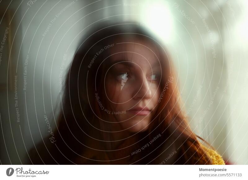 woman Woman Red-haired orange haired Wait look Looking Time Retro hazy Lonely Scare Long-haired Feminine Human being Adults portrait Colour photo Observe