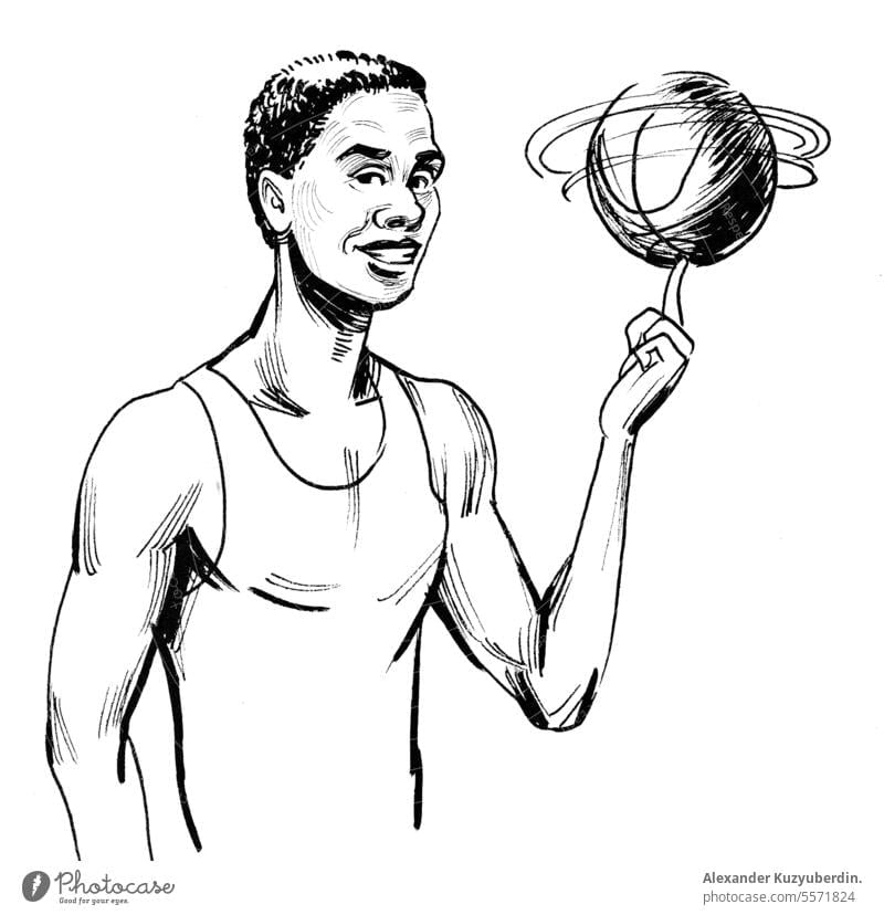 Yong black man with a basketball ball. Ink black and white cartoon action activity athlete background boy championship character comic competition drawing