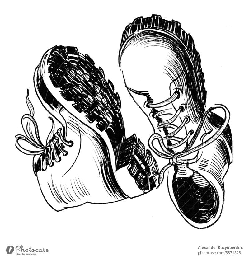 Black military boots. Ink black and white illustration army background clothing combat footwear isolated lace leather object old shoe shoes sketch soldier
