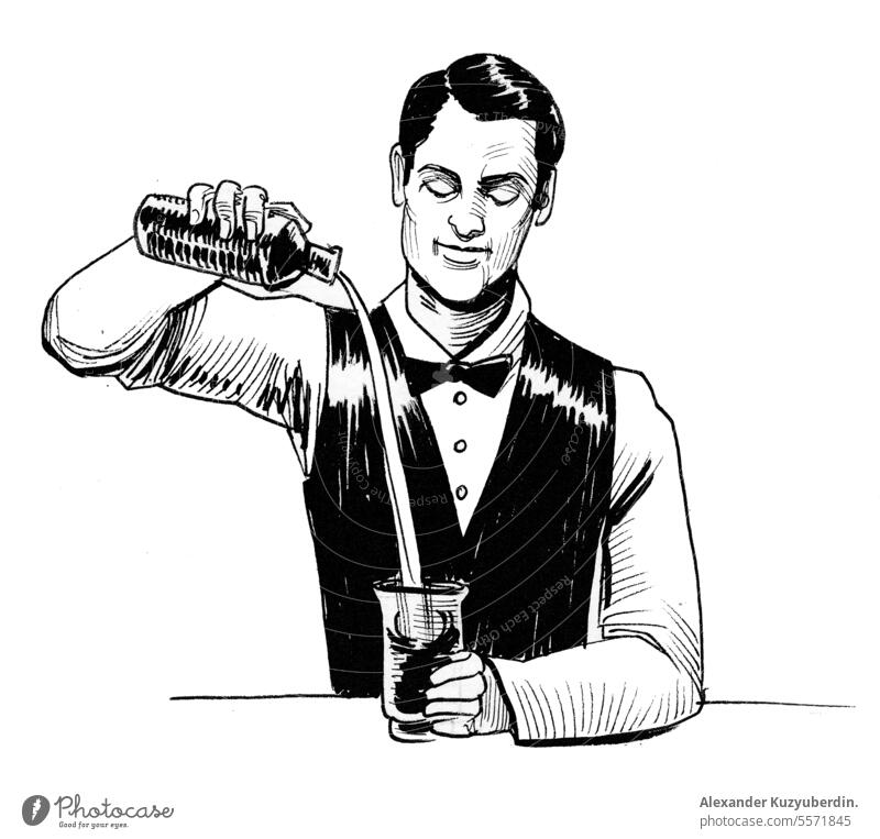 Working barmen. Ink black and white drawing alcohol art barkeeper barman bartender beverage cafe cartoon character club cocktail drink face glass guy job male