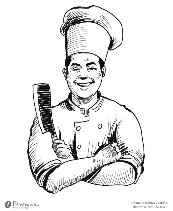 Smiling chef character with a big knife. Ink black and white illustration art artwork baker cartoon cook cute drawing food happy hat ink kitchen knight