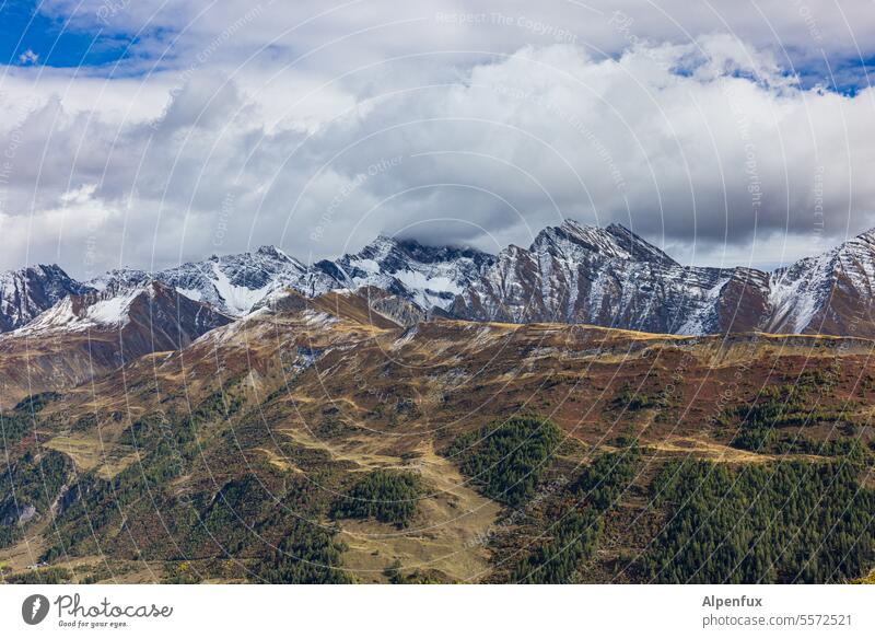 Autumn in the Alps Mountain Snow Snowcapped peak Autumnal Autumnal colours mountains Peak Landscape Exterior shot Nature Deserted Panorama (View) Vantage point