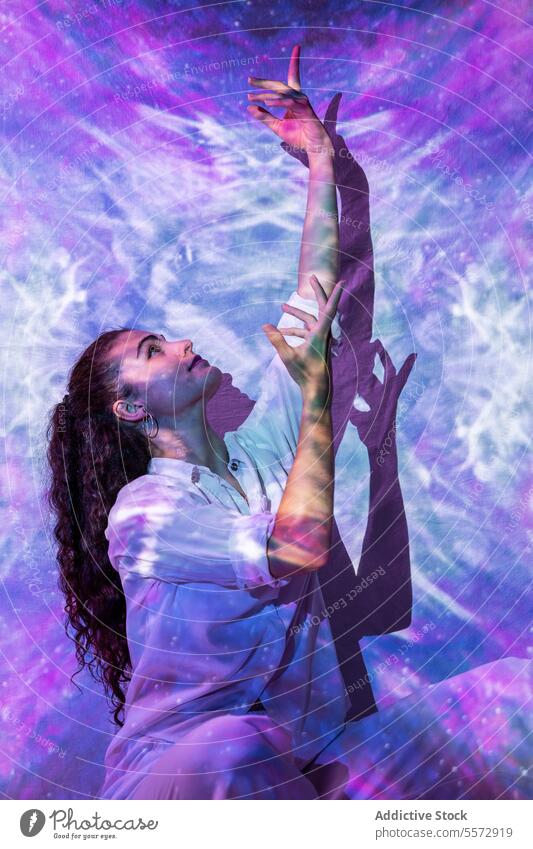 Cosmic backdrop of spiritual elevation and harmony woman cosmic mental hands paint essence universe aura emotion balance energy journey peace meditation