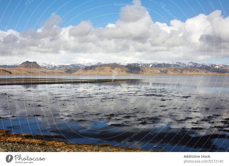 Lake reflection in Iceland near snowy mountains lake cloud grassland terrain landscape nature water cloudy sky outdoor scenic wilderness fjord plateau remote