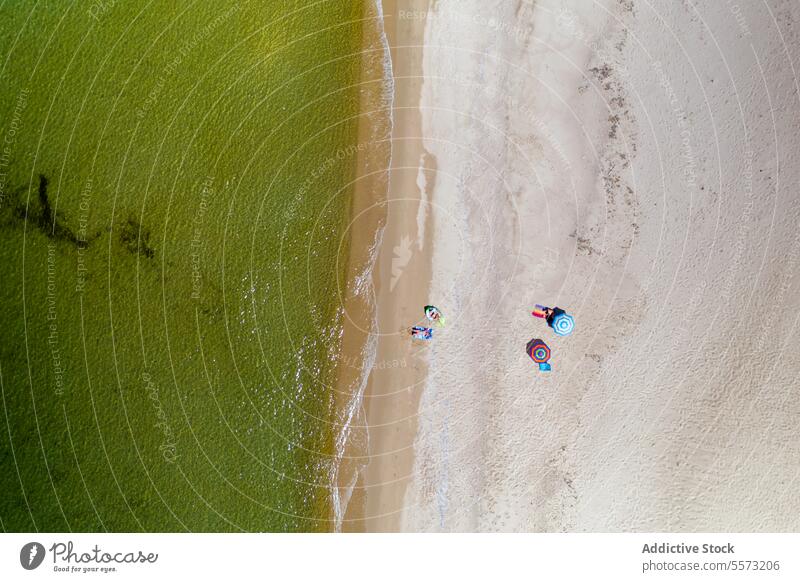 Drone shot of anonymous people at Sardinian beach Italy umbrella towel sand shore aerial li junchi summer vacation holiday sunbathing relaxation coast ocean sea