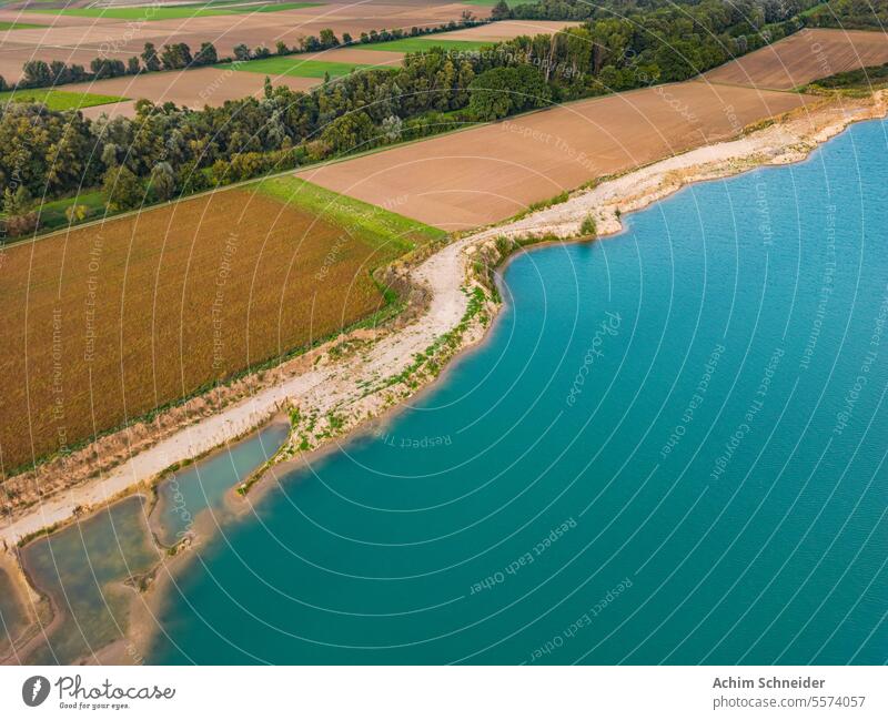 Shore of a quarry pond between fields and trees with turquoise water acre excavation hole Lake Baggersee Row of trees Dike Ground Field Grass Autumn Gravel