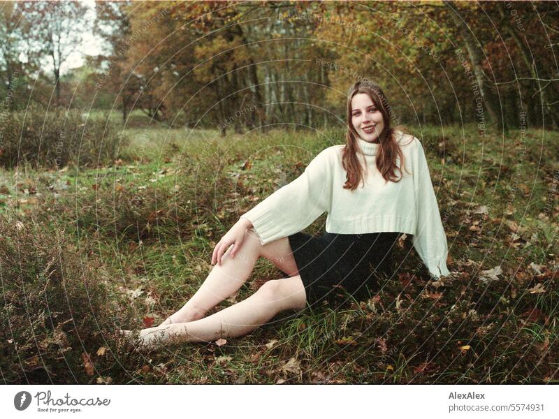 Young woman in white wool sweater in a heath landscape in autumn - analog 35mm Woman Large tall woman Slim Bright Joy Landscape Northern Germany Athletic pretty