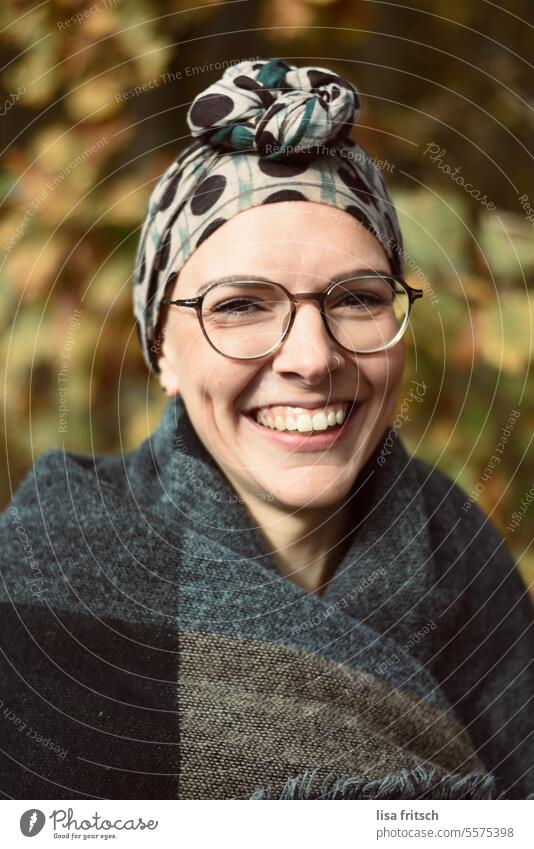 AUTUMN - CHEERFUL - PRETTY Woman 18 - 30 years Eyeglasses Looking into the camera Headscarf Scarf beautiful teeth Emanation Positive portrait fortunate Adults