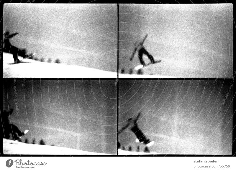 jump Black White Snowboard Jump Lomography Winter Ski run Trick Kick Gray Black & white photo 360 To fall Sky Movement Exterior shot 4 Rotation Posture