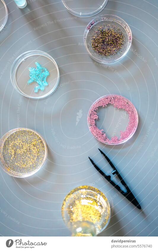 Top view of different glitter samples in petri dishes over a lab table background micro plastic laboratory study microplastics composition small particle
