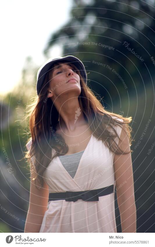 woman Upward Upper body portrait Congenial Dream naturally pretty Longing Fashion Long-haired Brunette Hat Lifestyle Feminine Closed eyes To enjoy Contentment