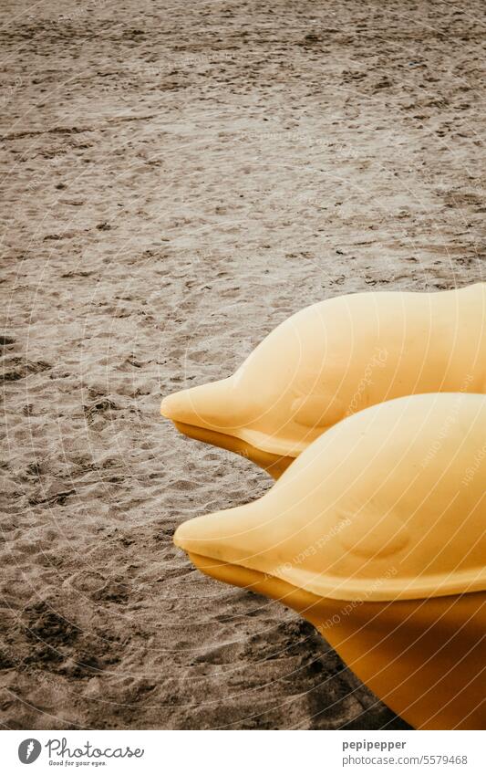 Two dolphin faces of a pedal boat lying on the beach Dolphin Swimming & Bathing Ocean Exterior shot Beach Beach dune Sand Sandy beach Yellow Water