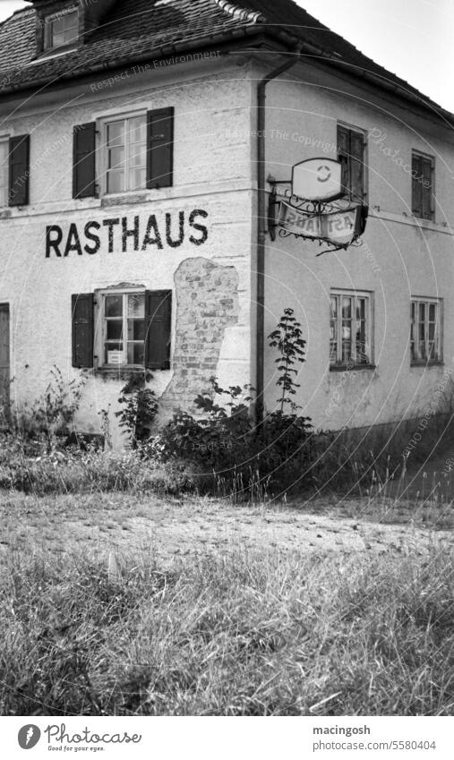 Abandoned roadhouse in Bavaria rest house restaurant Hotel Derelict Old House (Residential Structure) Loneliness Black & white photo Shabby Sadness Creepy Ruin