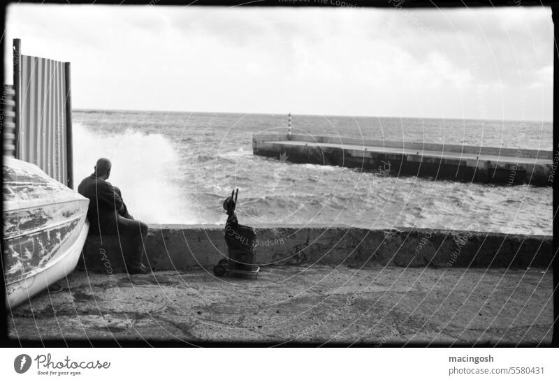View of the sea during a storm Old Loneliness Black & white photo Sadness Transience Analog analogue photography black-and-white Black and white photography