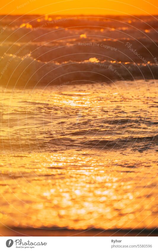 Sunset above sea. Natural sunrise sky warm colors over ripple sea with small waves. Ocean water foam splashing. Beautiful seascape in sunset sunrise time aqua