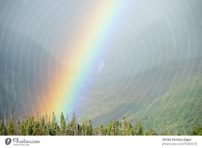 Alaska | Valley in the mountains with the end of the rainbow Light (Natural Phenomenon) End of the rainbow Intensive Near Red Yellow Rain and sunshine