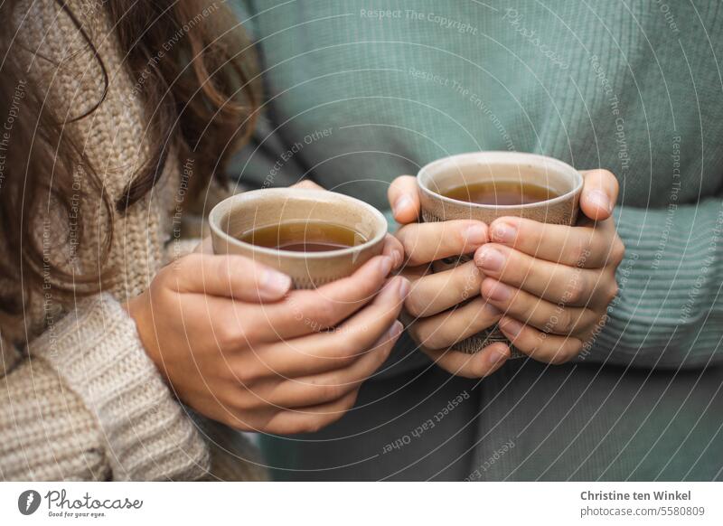 warming | hot drinks hands teacups To hold on in common Hot drink hot tea Autumn Sweater chill Warm up To enjoy Beverage cold season Winter Lifestyle Cozy Mug