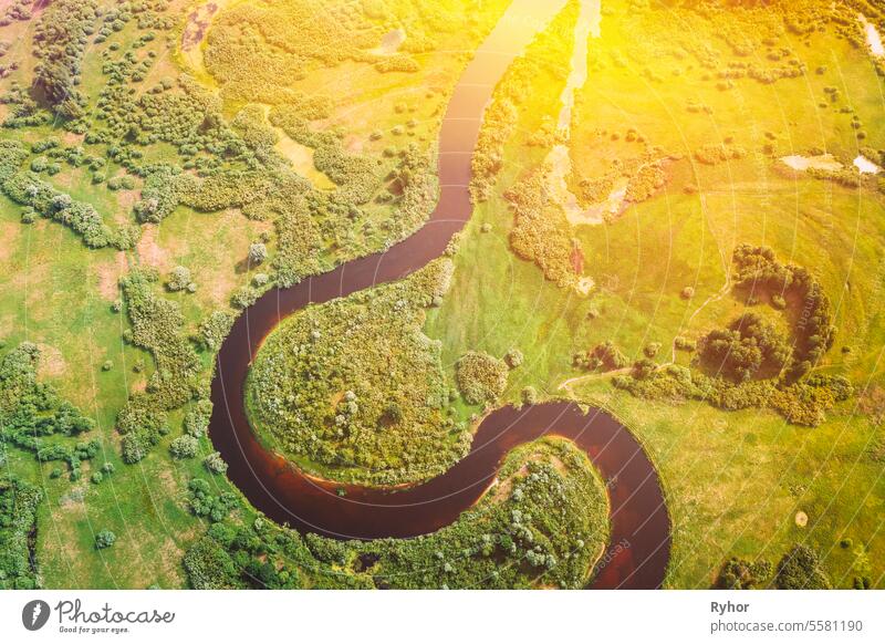 Aerial View Of Summer Curved River Landscape. Top View Of Beautiful European Nature From High Attitude. Drone Flight View. Bird's Eye View Of Green Forest Woods In Sunny Day. River Forms Sign Omega