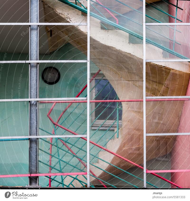 Alternative staircase Staircase (Hallway) Stairs Architecture Banister Upward Turquoise Pink Window pane Facade Line
