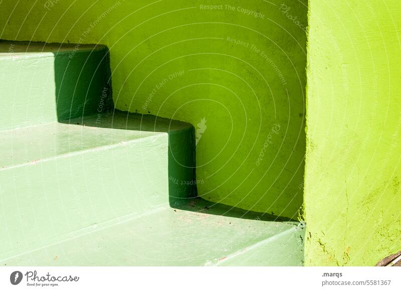 Green staircase Architecture stair treads Stairs fresh colours Upward ascent stagger Go up Light Shadow Bright Sunlight