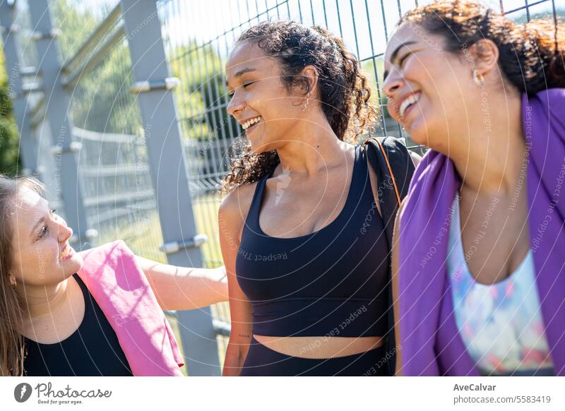Set of friends chatting and preparing to do exercise with water and towels for sweat. Healthy life. person happy young cheerful group friendship lifestyle