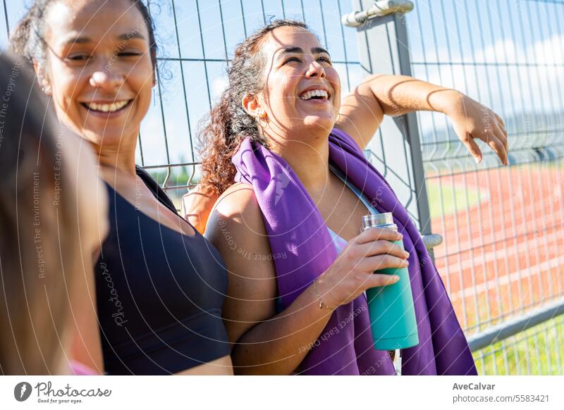 Set of friends chatting and preparing to do exercise with water and towels for sweat. Healthy life. fitness person adult exercising sport females young women