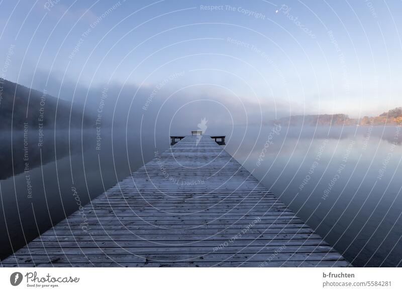 Wooden jetty by the lake in the morning with a veil of mist wooden walkway Morning Fog Shroud of fog chill Footbridge Lake Lakeside morning light Park bench