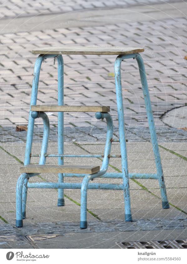 Light blue vintage step stool Ladder Old Retro Furniture Nostalgia Old fashioned Design Past Style Structures and shapes Pattern Day Deserted Step stool