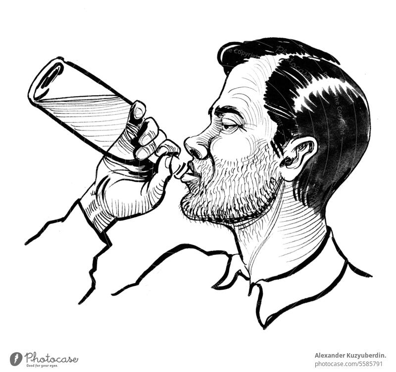 Alcoholic man drinking a bottle of beer. Ink black and white drawing alcohol alcoholic alcoholism background cartoon character fun illustration person pub