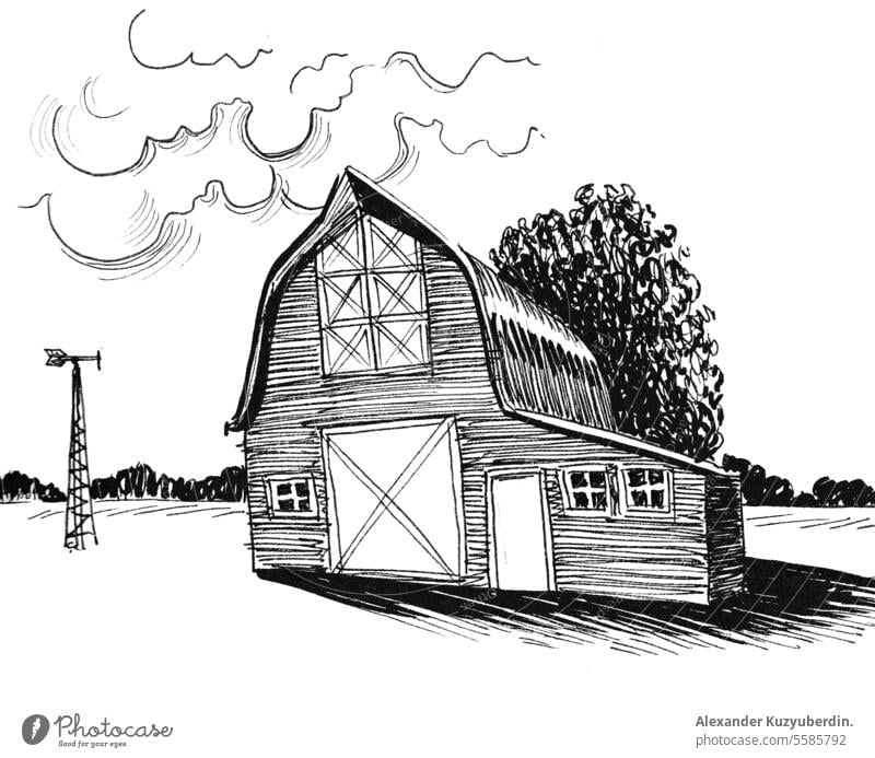 Old farm barn and tree. Ink black and white drawing agriculture art background building cartoon country countryside design drawn farmhouse farming farmland