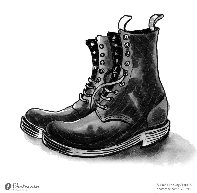 Black leather military boots. Ink black and white drawing army art background clothing combat equipment fashion foot footwear hiking illustration isolated