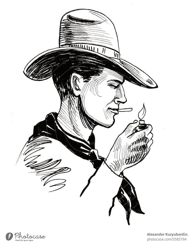 Cowboy with a smoking cigarette. Ink black and white illustration adult design face graphic human image men outline painting people portrait rancher shoes