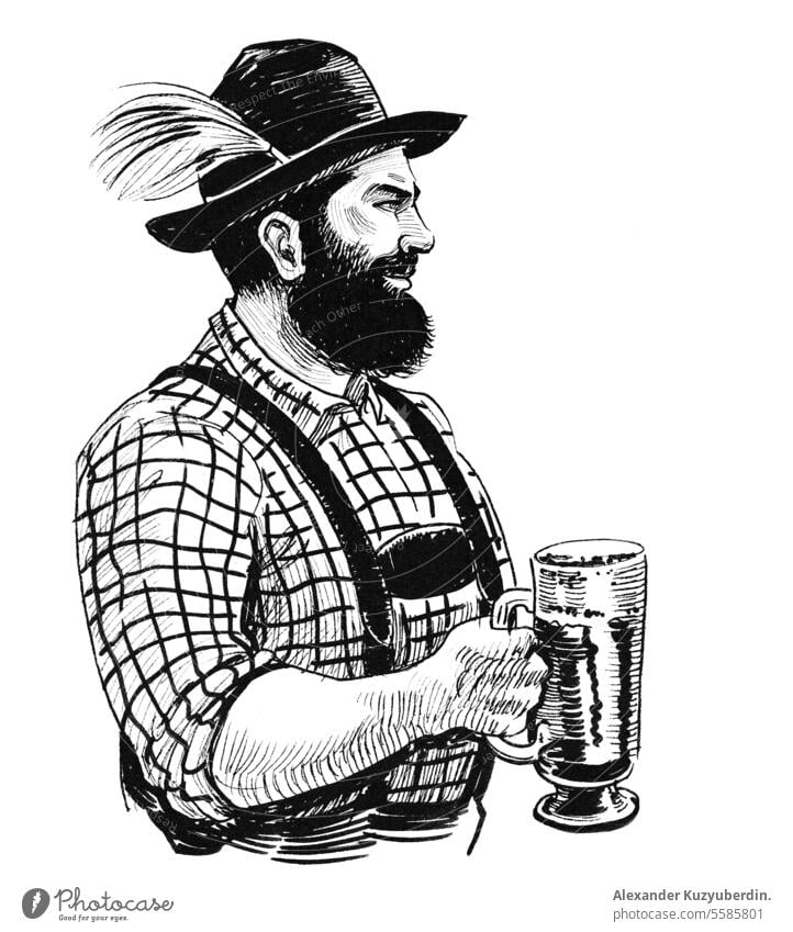 German man with a beer mug. Ink black and white drawing alcohol artwork background bar bavaria bavarian beer fest beer festival beverage brewery cartoon