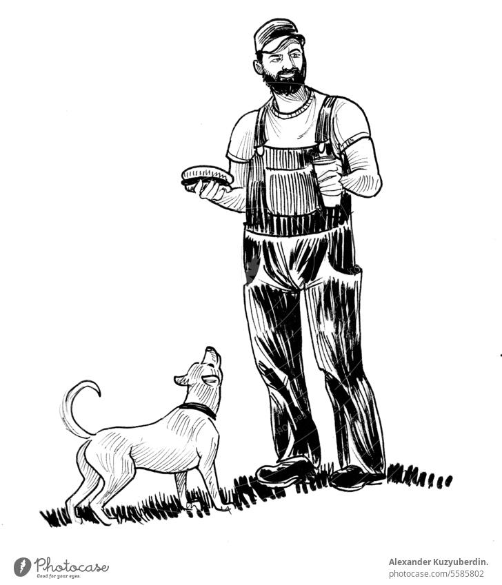 Dog, man and hot dog. Ink black and white drawing animal art artwork cute eating fast food illustration ink pet sketch
