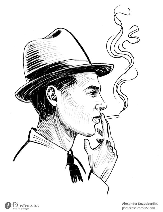 Young man smoking marijuana joint. Ink black and white drawing art cannabis cartoon character cute guy illustration male pot retro smoke weed