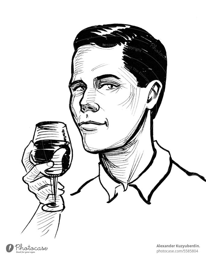 Man holding a glass of wine. Ink black and white illustration alcohol art background bar bottle cartoon drawing drink engraving european glasses hand happy