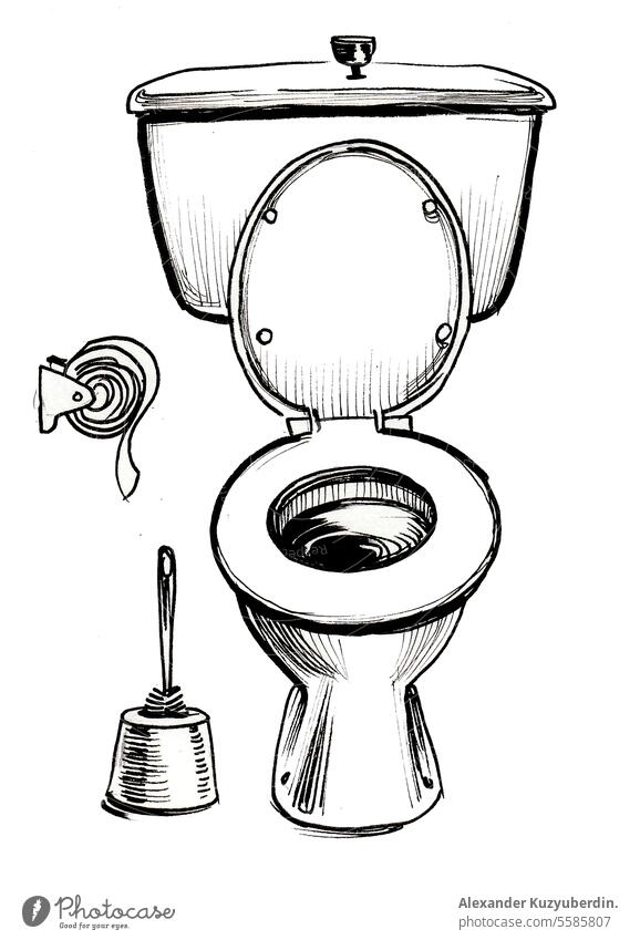 Opened toilet. Ink black and white illustration bathroom bowl ceramic clean equipment flush home hygiene interior lavatory privacy restroom sanitary washroom