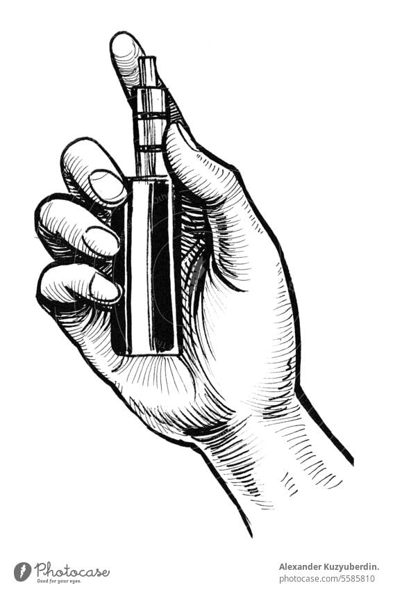 Hand with vaping device. Hand-drawn ink black and white drawing art attractive background beautiful cartoon cigarette electronic female girl hand illustration