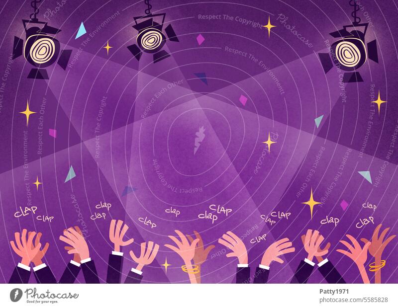 Theater background. Clapping hands and shining spotlights with text space. Retro illustration in the style of the 50s and 60s. Theatre Applause Floodlight