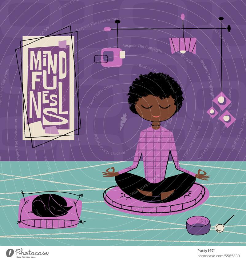 helpful | Young woman with cat meditating in lotus position. Retro illustration in the style of the 50s, 60s Meditation Yoga Woman Lotus Position mid century