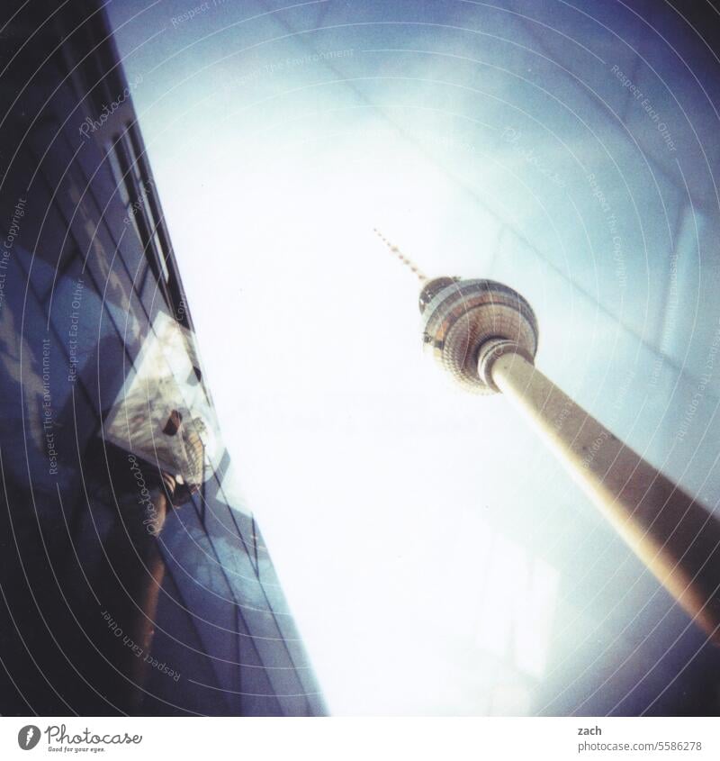 dit is berlin Holga Lomography Double exposure Analog Scan Slide Town Tower Berlin Television tower Berlin TV Tower Cross processing Facade reflection Sky