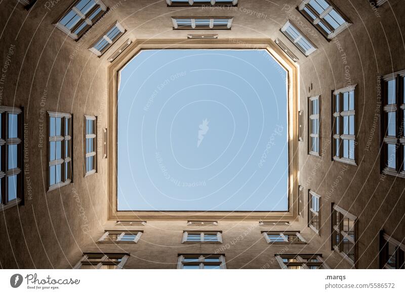 house high Interior courtyard Symmetry Perspective Tall Facade Architecture Worm's-eye view Skyward Window Building Arrangement Above