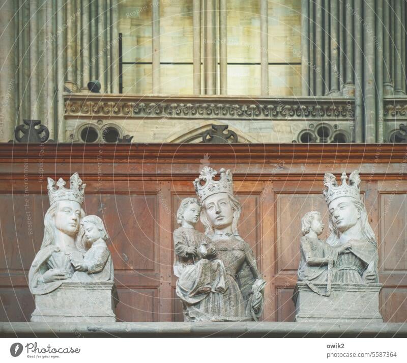 Jesusmaria Sculptures three Identical Equal Virgin Mary baby Jesus Stone Historic Old Artwork Redecorate Redevelop Deserted Interior shot Church Dome Cathedral