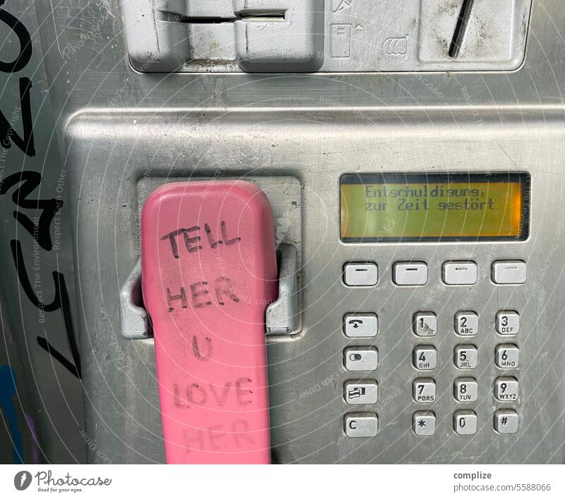 Love with obstacles Telephone tell her you love her Broken Disturbance vintage In love Pink Phone box public telephone Disturbed Apology graffiti Grafitto