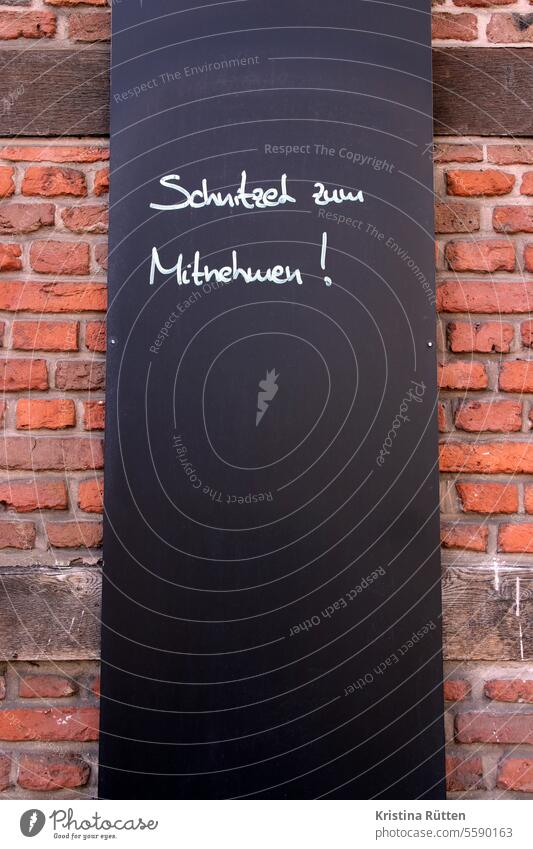 schnitzel to go Escalope take Offer take away Blackboard sign Advertising Clue info out Restaurant restaurant Tavern Gastronomy