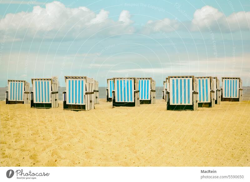 beach chairs Beach chair vacation Striped Sand Summer wide Weather Germany duene dunes Grass Relaxation holidays Sky Horizon Island Ocean North Sea Baltic Sea