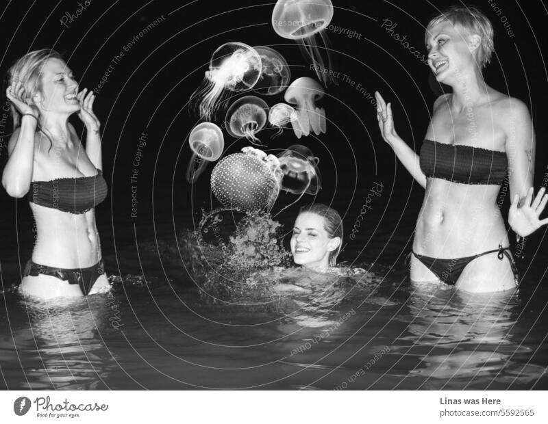 It's a unique scene with beautiful girls having a nighttime swim with jellyfish. They look happy, smiling wide in their swimsuits as they enjoy this fantasy moment.