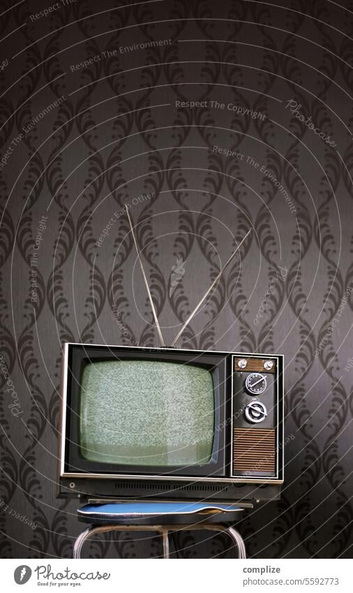 Very Vintage Television Copy Space top Colour photo Stool Seventies Antenna Screen TV set Advertising Industry Media industry Living room Room Interior design